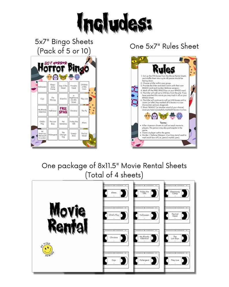 May include: A set of horror-themed game sheets. Includes 12.7cm x 17.8cm bingo sheets, a rules sheet, and 20.3cm x 29.2cm movie rental sheets. The bingo cards feature classic horror movie titles. The movie rental sheets have a retro VHS tape design.