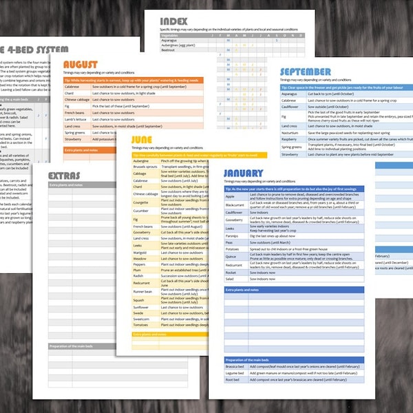 Calendar for the allotment & kitchen garden complete with plant listings