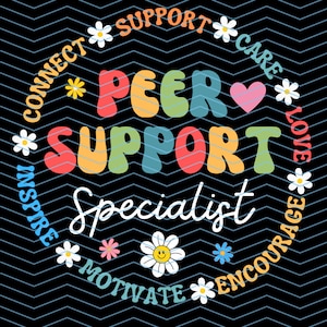 Puede incluir: Un gráfico colorido con el texto "PEER SUPPORT Specialist" en una fuente arcoíris. El gráfico está rodeado por un círculo de flores y palabras como "conectar", "cuidar", "amar", "inspirar", "motivar", "animar" y "apoyar".