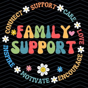 May include: A colorful graphic with the words "Family Support" in large, retro-style letters. The words "Connect, Inspire, Motivate, Encourage, Love, Care, Support" are arranged in a circle around the central text, with daisy and heart accents on a black chevron background.