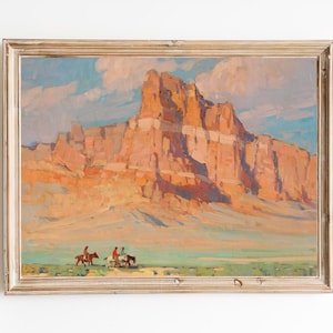 FREE SHIPPING - Vintage Arizona Landscape Oil Painting - Western American Painting- Horse Riding Western Wall Art Print- Grand Canyon Print