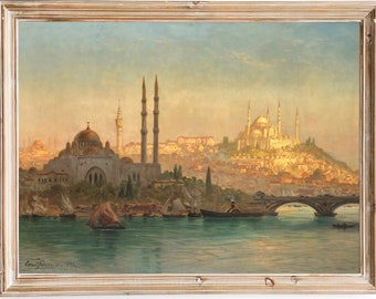 FREE SHIPPING - Istanbul on the Bosphorus Vintage Painting - 20th Century Istanbul Cityscape Painting - Mosques and Bridges of Istanbul Art