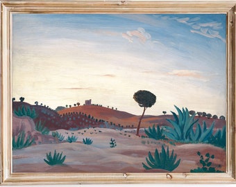FREE SHIPPING - Spanish Desert Scenery Art Print - Vintage Desert Painting