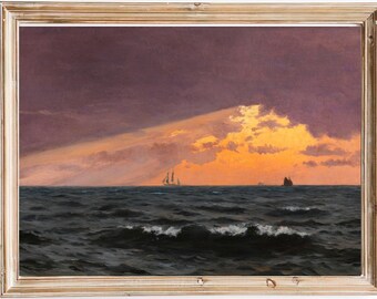 FREE SHIPPING - Sailing During The Sunset Vintage Seascape Painting - Beautiful Purple Sky Art Print