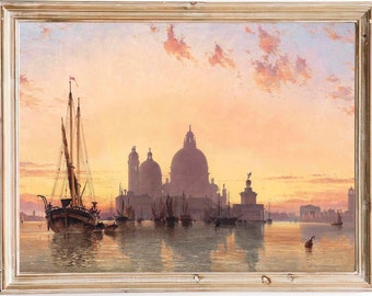 FREE SHIPPING - Sunset In Venice Vintage Oil Painting - Santa Maria Della Salute Church Art Print - Old Venice 19th Century Painting
