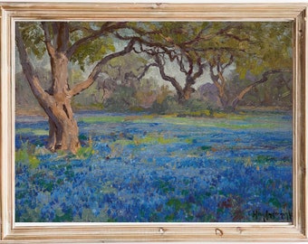 LIVRAISON GRATUITE - Blue Flower Field Painting - Big Tree Texas Landscape Art Print- vintage American Landscape Painting- Blue Meadow Wall Art