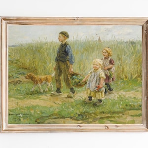 FREE SHIPPING - Walking The Dog Art Print - Vintage Children Portrait Painting - Three Kids Walking In The Grass Art Print