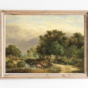 FREE SHIPPING - Cows Relaxing In Small Village River Oil Countryside Painting- Vintage Nature Landscape Painting- Old Countryside Art Print