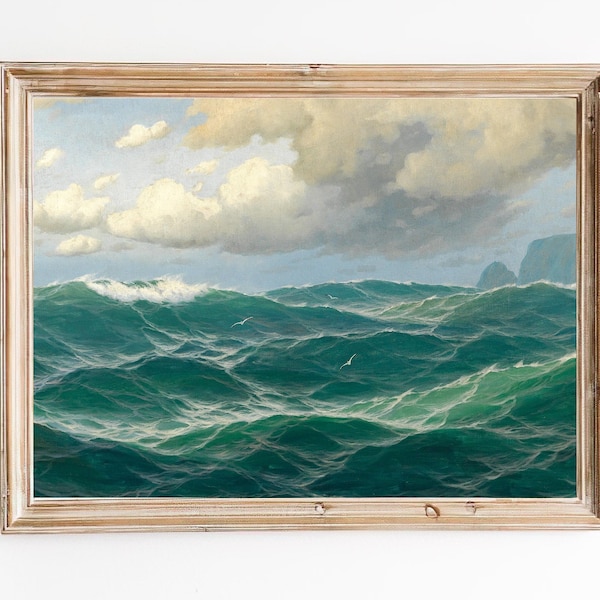 LIVRAISON GRATUITE - Ocean Waves Beautiful Tropical Painting - Peinture à l'huile de paysage marin vintage - Mouettes volant au-dessus de la mer Impression artistique