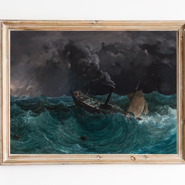 LIVRAISON GRATUITE - Ship Caught In The Storm Art Print - Peinture de paysage marin vintage - Orage en mer Art - Ship Riding The Waves Art