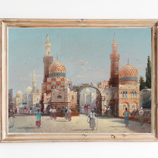 FREE SHIPPING - Oriental Old City Vintage Painting - Beautiful Eastern City Art -  Muslim Town Classic 19th Century Painting