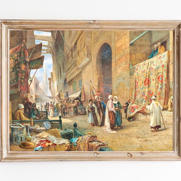 FREE SHIPPING - Street Market In Cairo Vintage Art Print - 19th Century Egypt Painting - Oriental Arabic Cityscape Painting