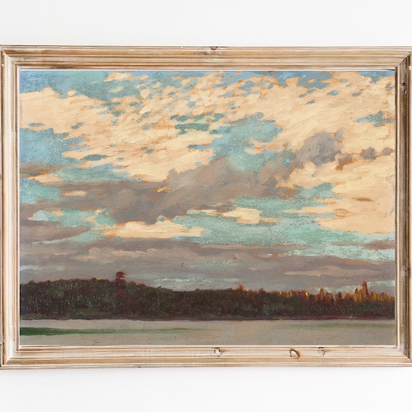 FREE SHIPPING - Bright Blue Sky Oil Painting - Summer Day Painting - Clouds In The Sky Art Print - Beautiful 19th Century Canadian Art