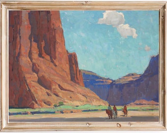 FREE SHIPPING - Riding In The Canyon Oil Painting - Grand Canyon Vintage Art - Arizona Desert Western Art Print