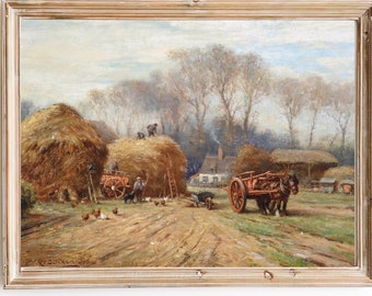 FREE SHIPPING  / Village Hay Countryside Painting / Country Life Vintage Painting / Hay Wall Art / Vintage Village Art Print