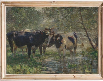 Freier Versand - Vintage Kühe Impressionismus Ölgemälde - Kühe am Fluss Gemälde - Klassischer Tier Kunstdruck - 19. Jahrhundert Impressionismus