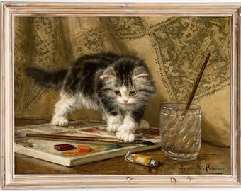 FREE SHIPPING - Small Kitten Playing With Colors Art - Vintage Kitten Oil Painting - Beautiful Pet Cat Portrait