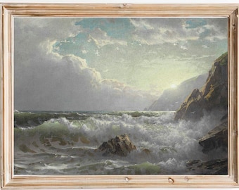 FREE SHIPPING - Sea Waves Crashing The Rocks Art Print - Vintage Seascape Coastal Painting - Ocean Waves Oil Painting