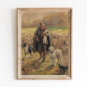 FREE SHIPPING Painting Of An Old Shepherd Holding A Newborn Lamb While His Two Dogs Guard A Flock Of Sheep Vintage Countryside Painting image 1