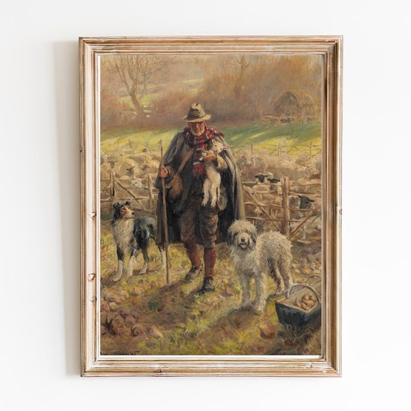 FREE SHIPPING- Painting Of An Old Shepherd Holding A Newborn Lamb While His Two Dogs Guard A Flock Of Sheep- Vintage Countryside Painting