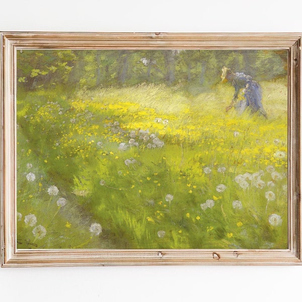 FREE SHIPPING - Woman Picking Flowers Art - Green Grass Painting - Spring Nature Oil Painting - Beautiful Meadow Art Print