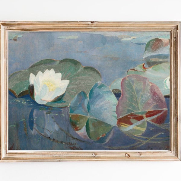 FREE SHIPPING - Water Lilies In A Lake Vintage Painting- Water Flowers Vintage Print- Flowers Wall Decor