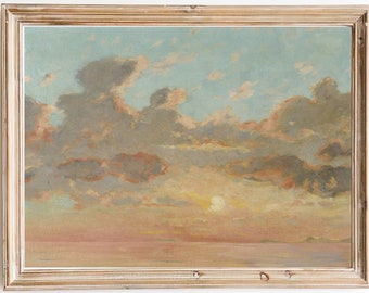 FREE SHIPPING - Bright Sunset Sky Oil Painting - Cloudy Sky Art Print - Vintage Sunset Painting