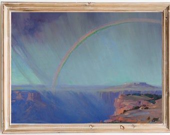 FREE SHIPPING - Rainbow In The Desert Painting - Vintage Arizona Sky Art Print - Rainbow Above The Grand Canyon Art