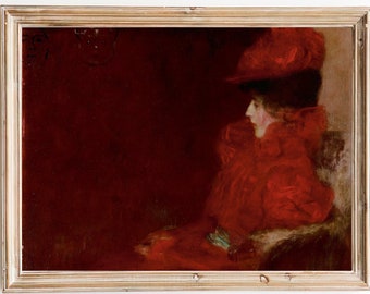 FREE SHIPPING - Woman In Red Sitting In The Chair Vintage Painting - 19th Century Classic Female Portrait - Lady In A Red Dress Art Print