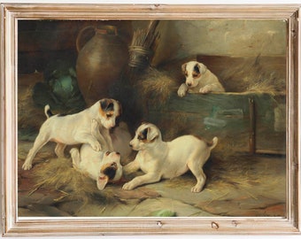 FREE SHIPPING - Four Puppies Playing In Barn Hay Vintage Painting- 19th Century Dog Art Print- Classic Dog Painting- Cute Dogs Wall Decor