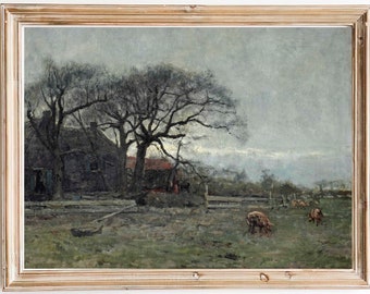 FREE SHIPPING - Farm With Pigs Vintage Oil Landscape Painting- 19th Century Farm Art Print- Village Farm Classic Painting