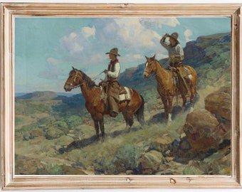 LIVRAISON GRATUITE - Two Cowboys On The Road vintage Western Oil Painting - Horse Riding Classic Western Art Print