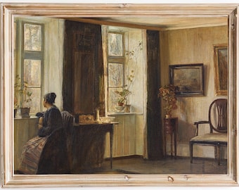 FREE SHIPPING - Woman Resting By The Window Vintage Oil Painting - Rustic House Interior Art Print - 19th Century Classic Home Painting