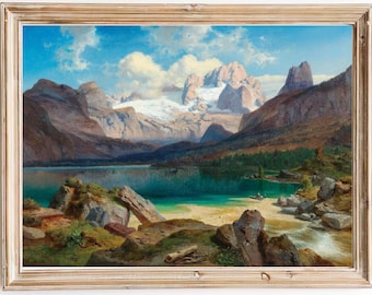 FREE SHIPPING - Painting Of Lake Gosau Between The High Mountains - 19th Century Realism Nature Landscape Painting - Beautiful Lake Art