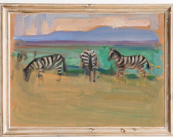 FREE SHIPPING - Zebras by the Beach Wall Art - Vintage African Landscape Painting - Madagascar Sunset Art