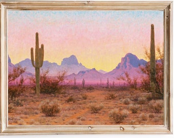 FREE SHIPPING - Sunset In The Desert Art Print - Vintage Arizona Cactus At Sunset Art - Vintage American Landscape Painting Print