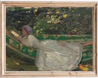 SPEDIZIONE GRATUITA - Ragazza che legge nell'arte del giardino - Ritratto a olio femminile vintage - Donna in abito bianco dipinto del XIX secolo