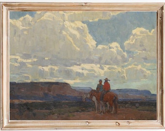 FREE SHIPPING - Riding Through The Desert Vintage Art Print - Arizona Desert Landscape Oil Painting - Western Cowboys Scenery Art
