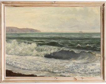 KOSTENLOSER VERSAND - Vintage Sea Beach Ölgemälde - Meereswellen am Sandstrand Kunstdruck - Alte Meereslandschaft