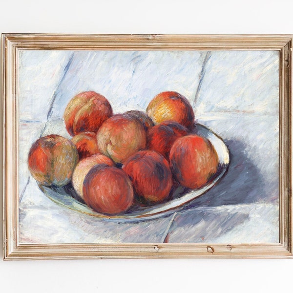 LIVRAISON GRATUITE - Bol plein de pêches Peinture à l’huile - Peinture de nature morte aux fruits vintage - Salle à manger Peach Art Print