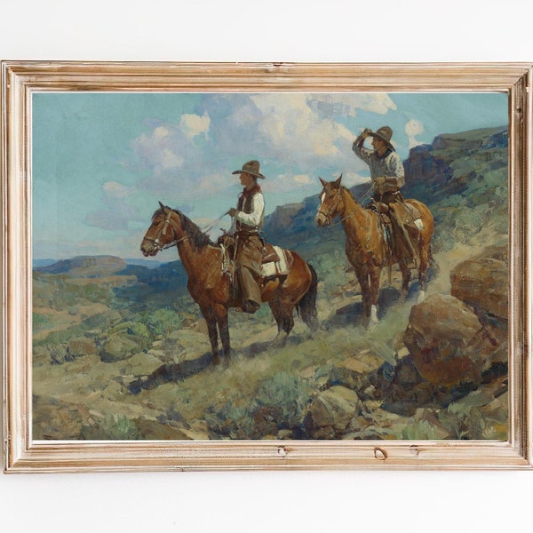 LIVRAISON GRATUITE - Two Cowboys On The Road vintage Western Oil Painting - Horse Riding Classic Western Art Print