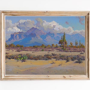 FREE SHIPPING - Vintage American Western Landscape Painting - Arizona Desert Landscape Painting - Cloudy Sky Above The Desert Art Print