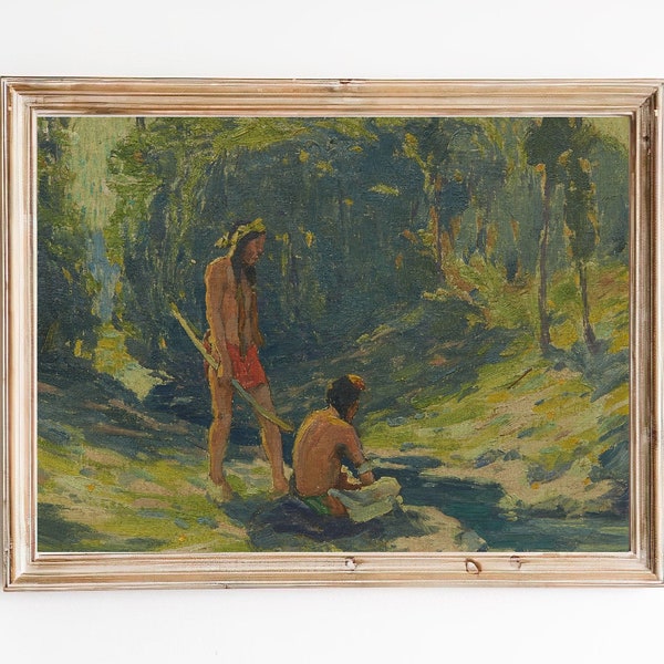 LIVRAISON GRATUITE - Peinture à l’huile amérindienne dans les bois - Portrait amérindien vintage - Peinture à l’huile vieille du 19ème siècle