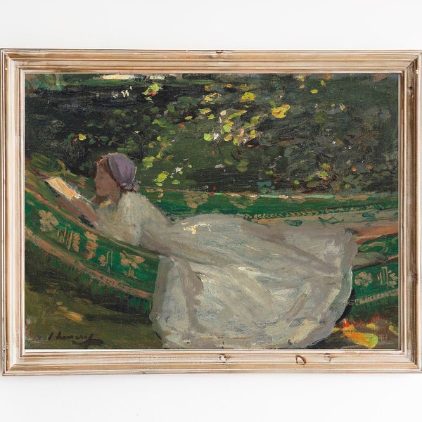 FREE SHIPPING - Girl Reading In The Garden Art - Vintage Female Oil Portrait - Woman In A White Dress 19th Century Painting