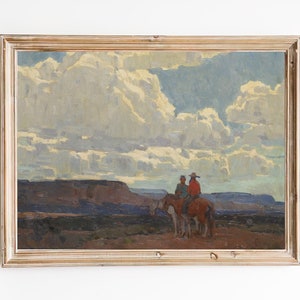 FREE SHIPPING - Riding Through The Desert Vintage Art Print - Arizona Desert Landscape Oil Painting - Western Cowboys Scenery Art