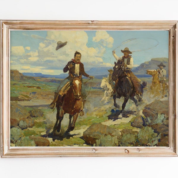 LIVRAISON GRATUITE - Trois cowboys chevauchant dans le désert Peinture - Peinture à l’huile occidentale vintage - Horseriding Western Art Print