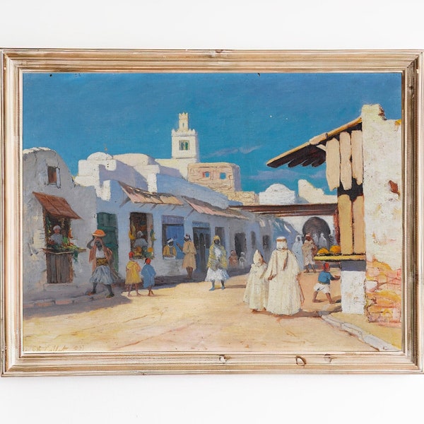 LIVRAISON GRATUITE - peinture vintage de paysage urbain de Tunis - impression d'art oriental du 20e siècle - art vintage ville africaine - art arabe ancien