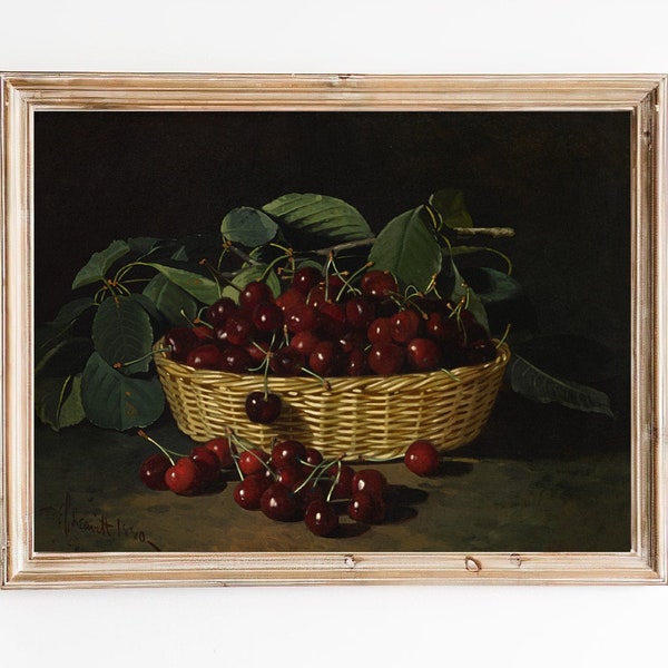 FREE SHIPPING - Vintage Cherries Still Life Painting - Cherry Fruit Oil Painting - Beautiful Fruit Kitchen Wall Art