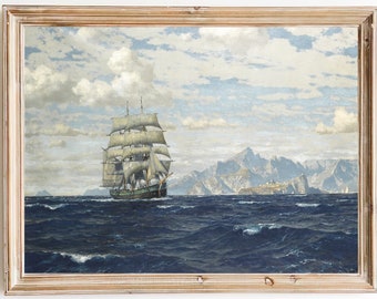 FREE SHIPPING - Ship Sailing The Seas Painting - Vintage Coastal Painting Print - 19th Century Seascape Painting