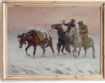 FREE SHIPPING - Western Scene Painting of 2 Men Horse Riding during a Winter Snowstorm- Beautiful Western Scenery Print